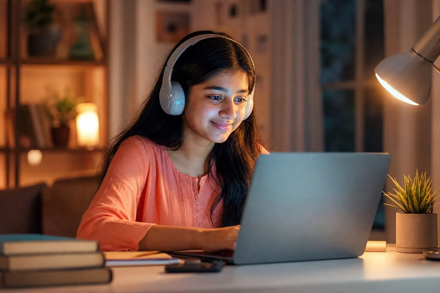 Student learning with the AI Study Buddy at night
